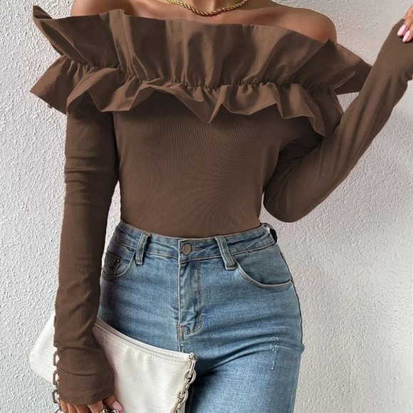 Coffee Brown Preppy Womens off shoulder blouse top - Picture 3 of 5